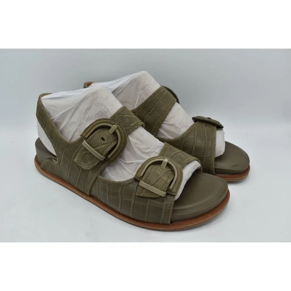 Sofft Womens Size 9.5 Adalia‎ Olive Buckle Croc Embossed Suede Leather Sandals